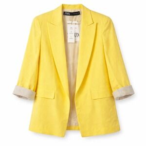 NWT ZARA Linen Blend Blazer Womens XS Yellow Quite Luxury Parisian Oversized